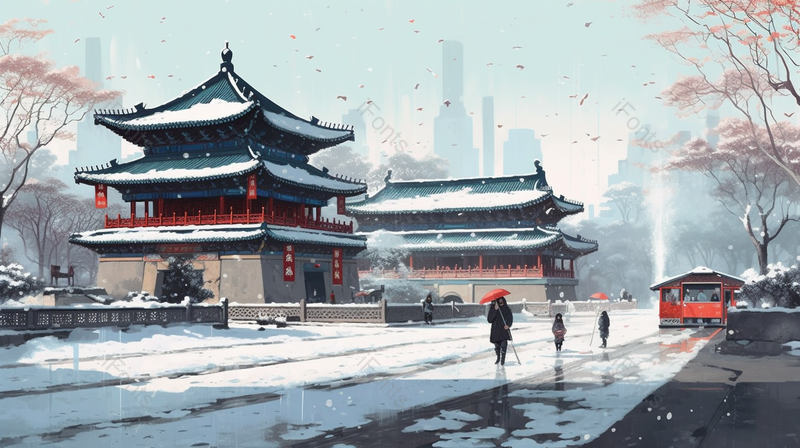 唯美故宫雪景中国风手绘水墨画宫殿建筑,插画/手绘图,插画/手绘图库,插画/手绘图下载,插画/手绘